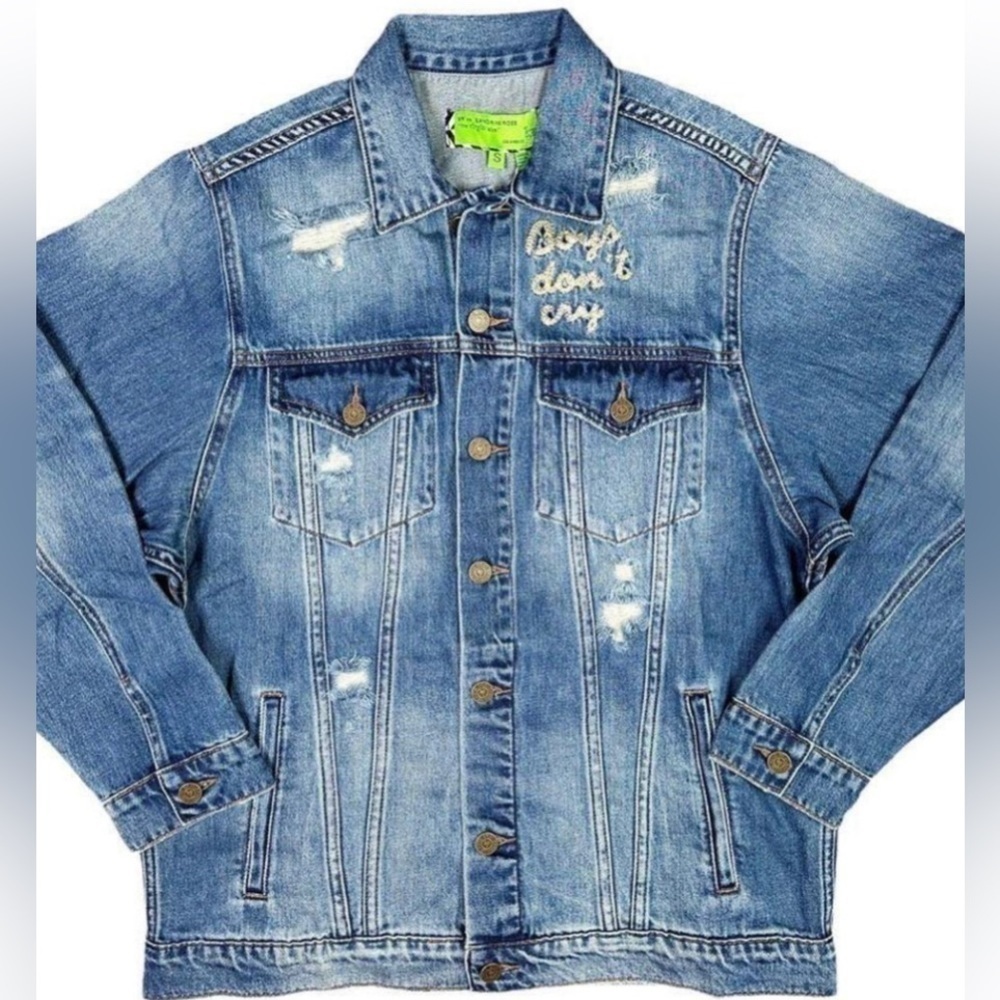 Sandrine Rose “Boys Don’t Cry” Distressed Denim Jean Jacket